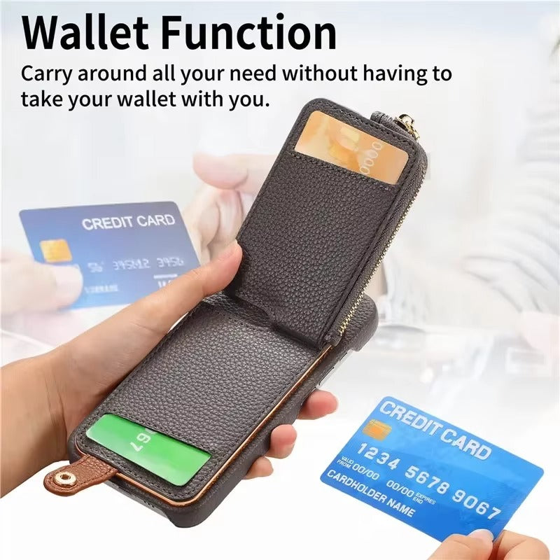 Luxury iPhone Case — Leather Zipper Wallet Cover with Card Holder Slot, Ring Kickstand, Magnetic Closure, Shockproof Drop Protection and Anti-Fingerprint Design