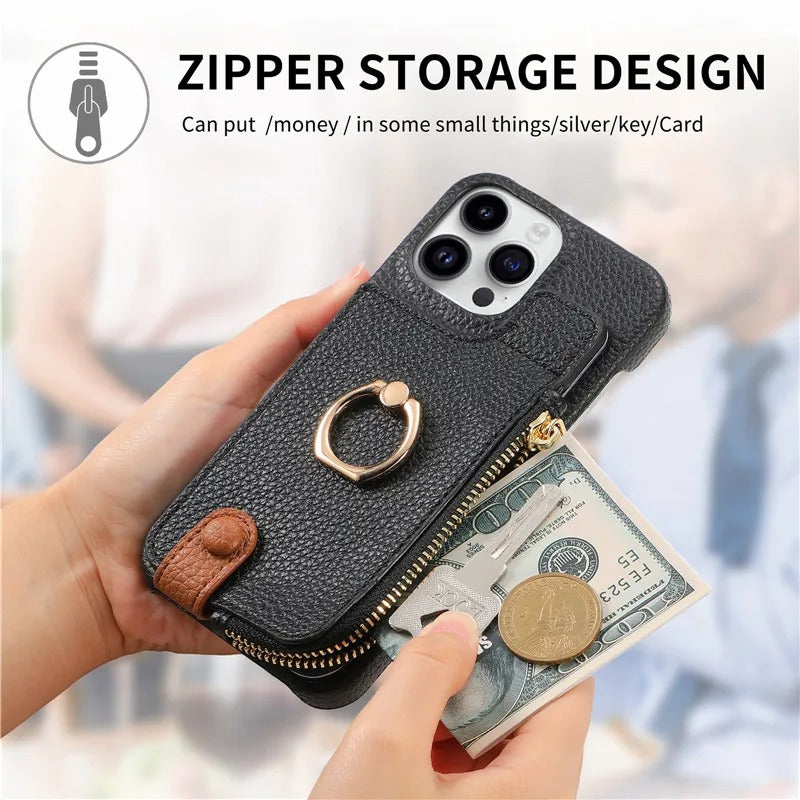 Luxury iPhone Case — Leather Zipper Wallet Cover with Card Holder Slot, Ring Kickstand, Magnetic Closure, Shockproof Drop Protection and Anti-Fingerprint Design