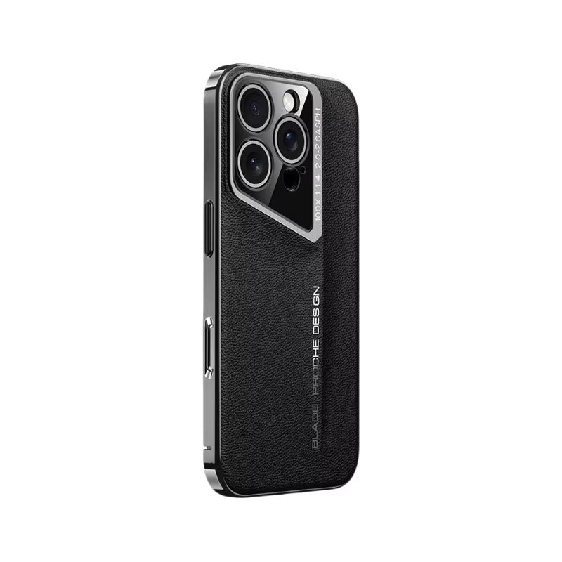 Luxury iPhone Case MagSafe Compatible Camera Lens Protection — Vegan PU Leather Cover, Electroplated Metal Frame, Slim Drop-Proof Business Style
