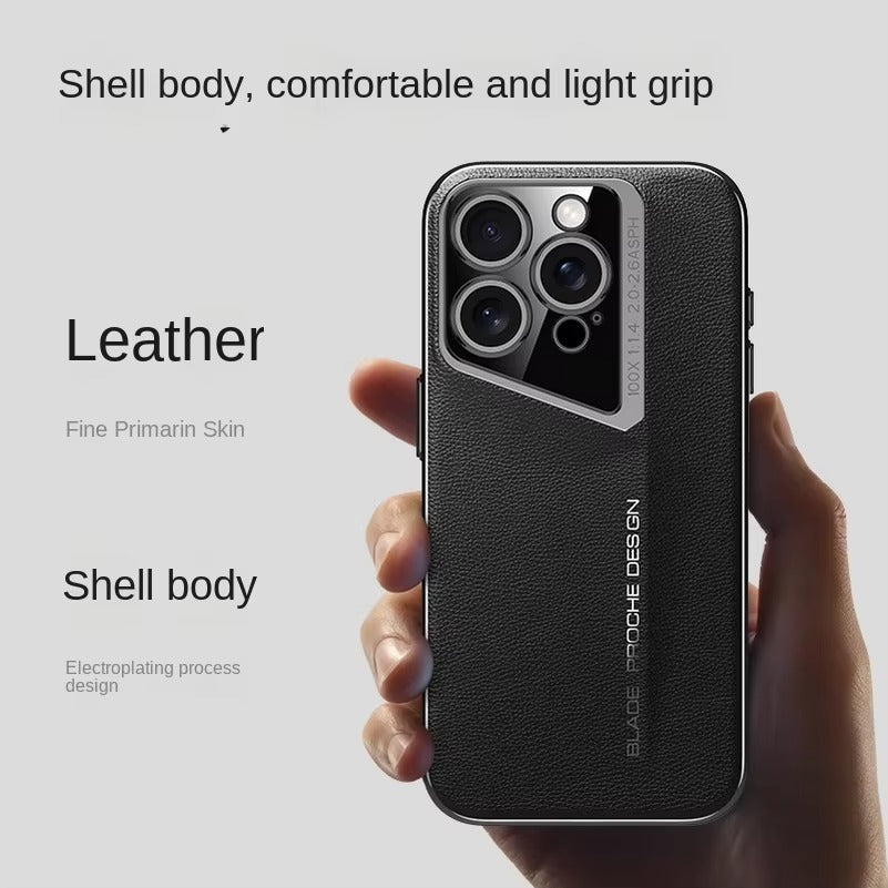 Luxury iPhone Case MagSafe Compatible Camera Lens Protection — Vegan PU Leather Cover, Electroplated Metal Frame, Slim Drop-Proof Business Style