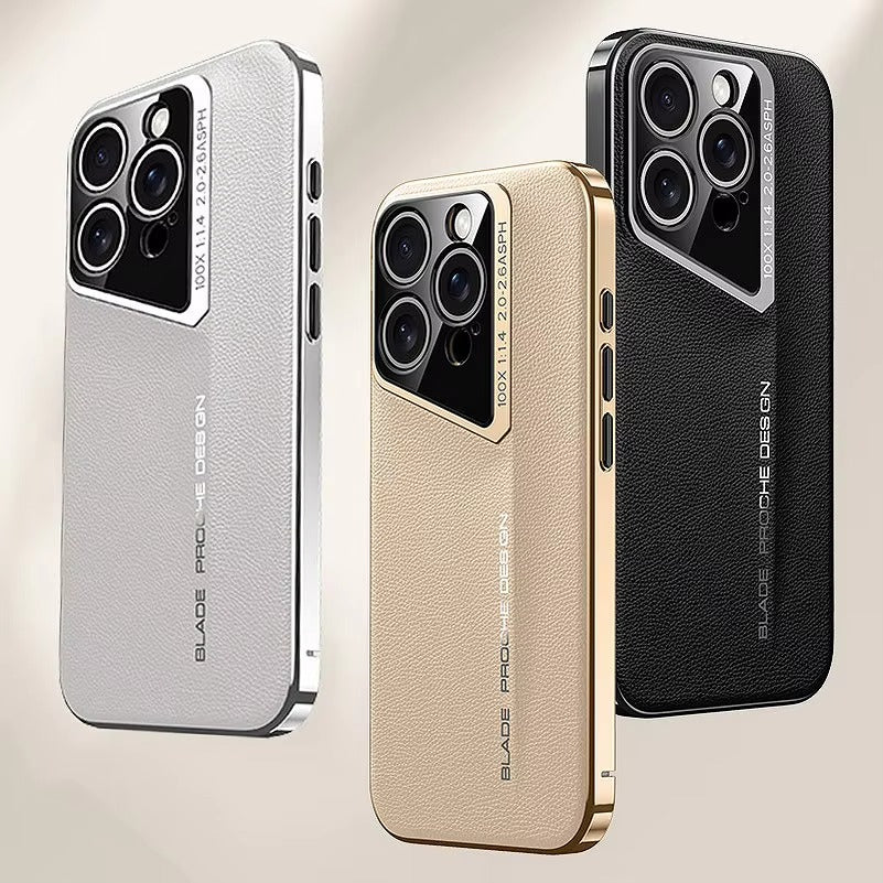 Luxury iPhone Case MagSafe Compatible Camera Lens Protection — Vegan PU Leather Cover, Electroplated Metal Frame, Slim Drop-Proof Business Style
