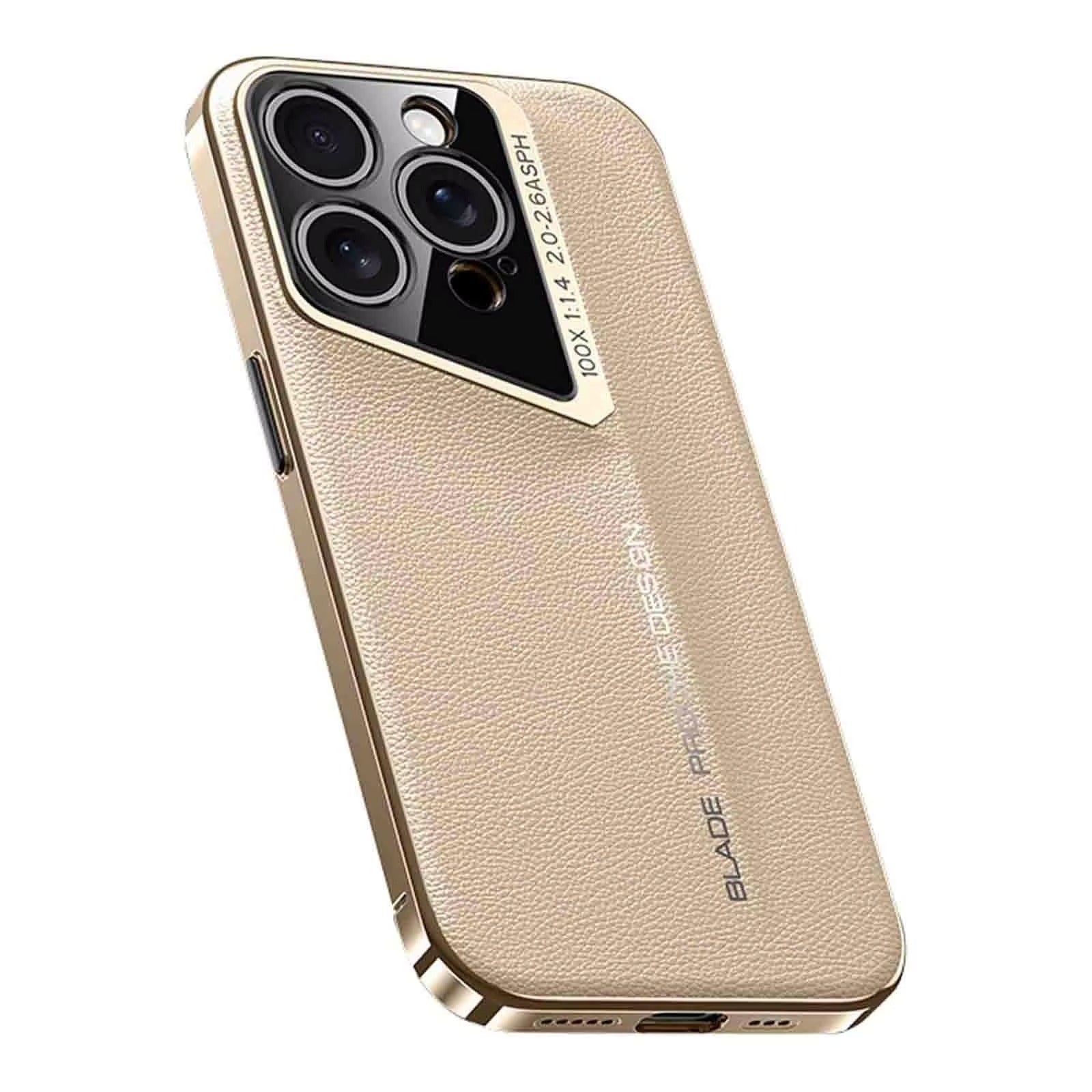 Luxury iPhone Case MagSafe Compatible Camera Lens Protection — Vegan PU Leather Cover, Electroplated Metal Frame, Slim Drop-Proof Business Style