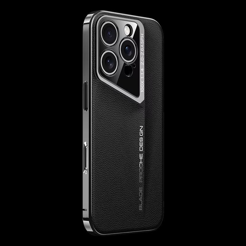 Luxury iPhone Case MagSafe Compatible Camera Lens Protection — Vegan PU Leather Cover, Electroplated Metal Frame, Slim Drop-Proof Business Style