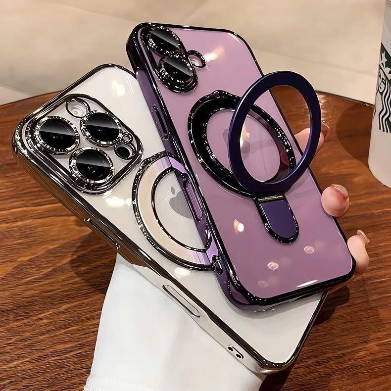 Luxury iPhone Case MagSafe Compatible Clear Acrylic Cover — Plating Finish with Magnetic Stand Holder, Lens Protector, Slim Shockproof Anti-Fingerprint Design