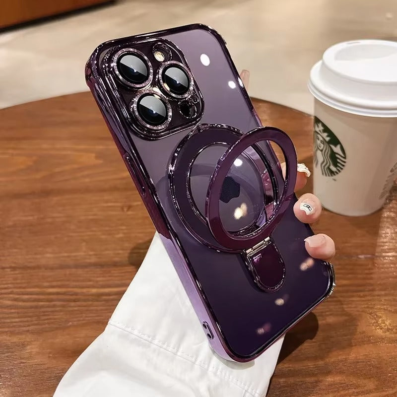 Luxury iPhone Case MagSafe Compatible Clear Acrylic Cover — Plating Finish with Magnetic Stand Holder, Lens Protector, Slim Shockproof Anti-Fingerprint Design