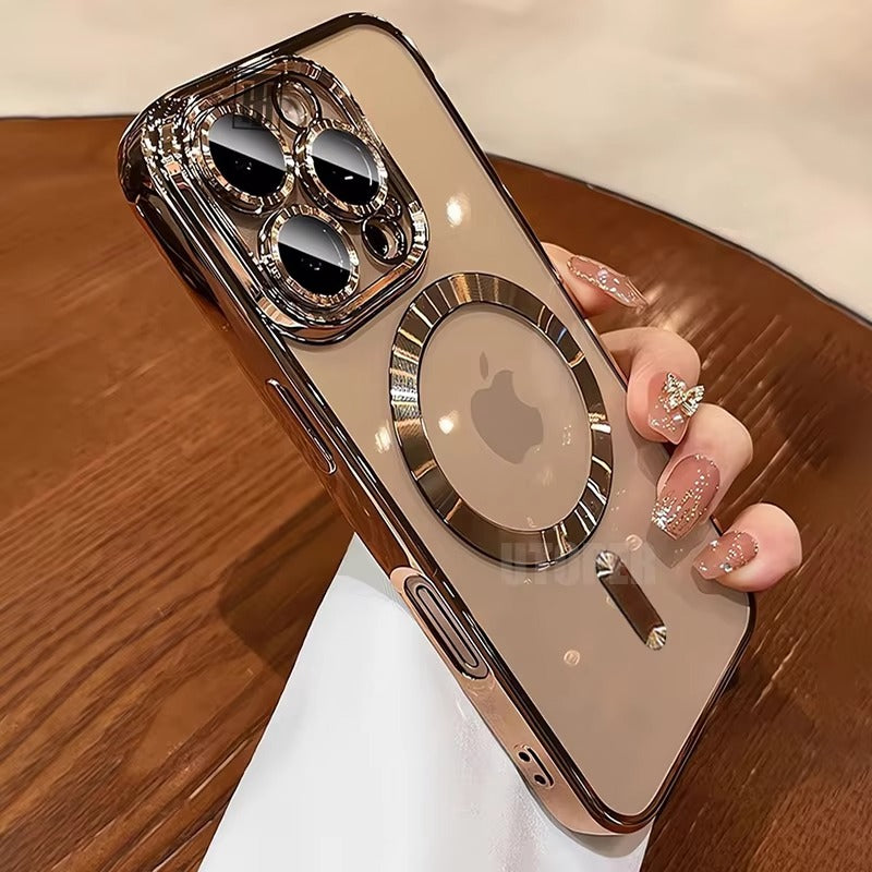Luxury iPhone Case MagSafe Compatible Clear Back Cover — Desert Gold Frame, Magnetic Lens Protection, Soft Shockproof Design, Slim Scratch-Resistant Finish