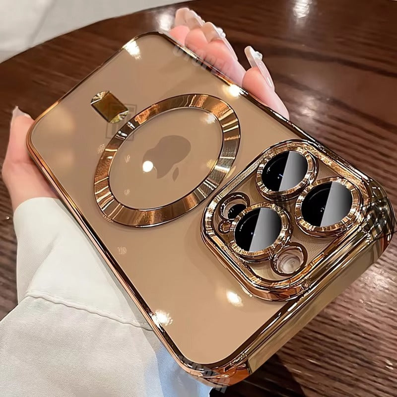 Luxury iPhone Case MagSafe Compatible Clear Back Cover — Desert Gold Frame, Magnetic Lens Protection, Soft Shockproof Design, Slim Scratch-Resistant Finish