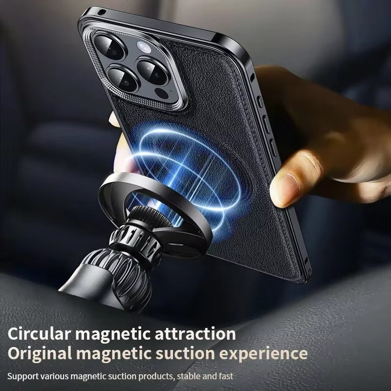 Luxury iPhone Case MagSafe Compatible Leather Back Cover — Aluminum Alloy Metal Frame, Shockproof Design, Magnetic Wireless Charging, Premium Finish