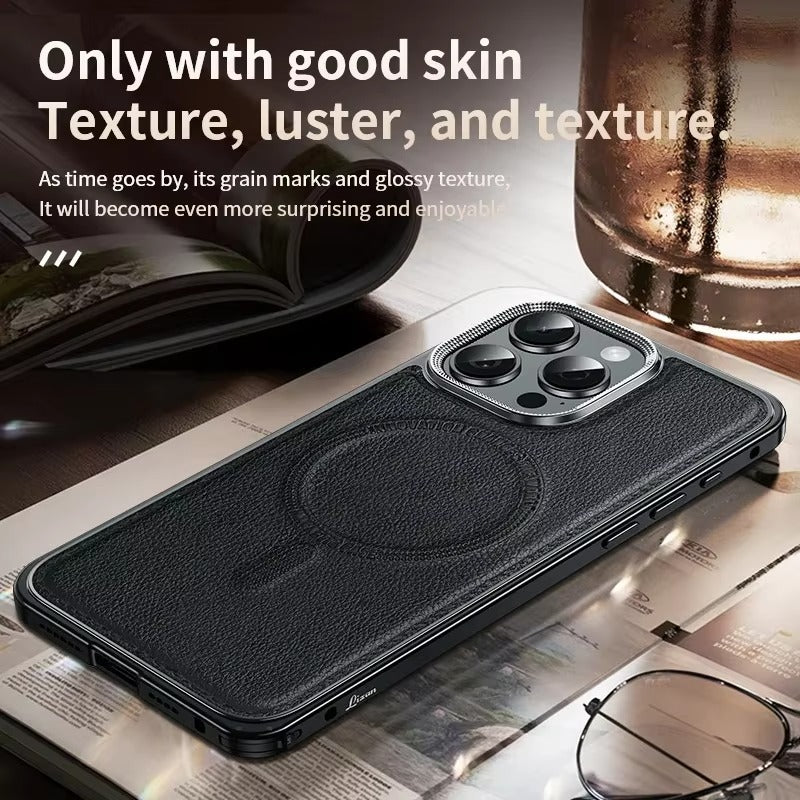 Luxury iPhone Case MagSafe Compatible Leather Back Cover — Aluminum Alloy Metal Frame, Shockproof Design, Magnetic Wireless Charging, Premium Finish
