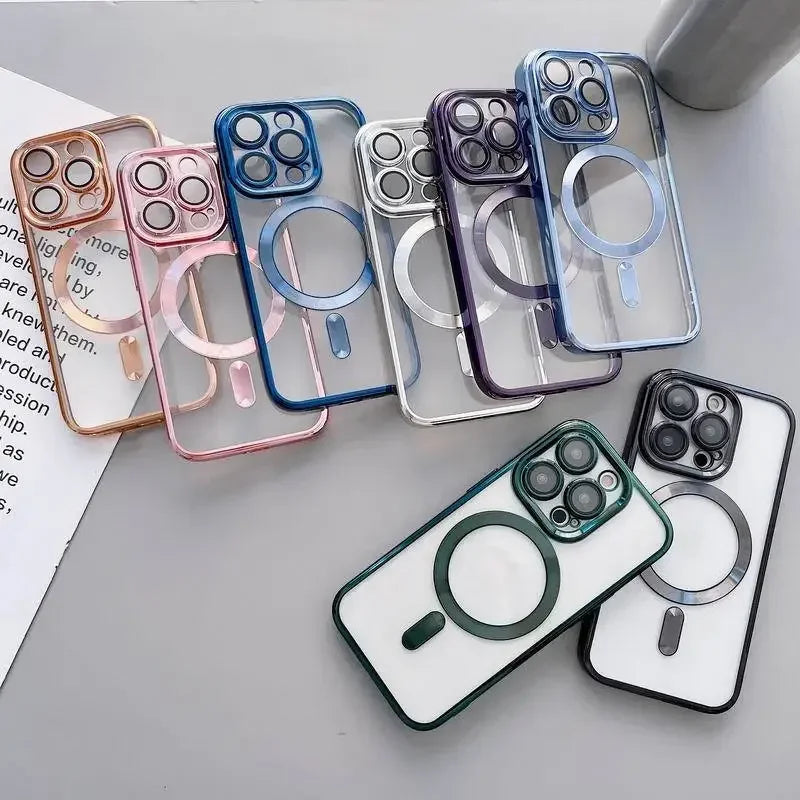 Luxury iPhone Case MagSafe Compatible Plating Clear Cover — Magnetic Wireless Charging Support, Lens Protector, Anti-Fingerprint Scratch-Resistant Design