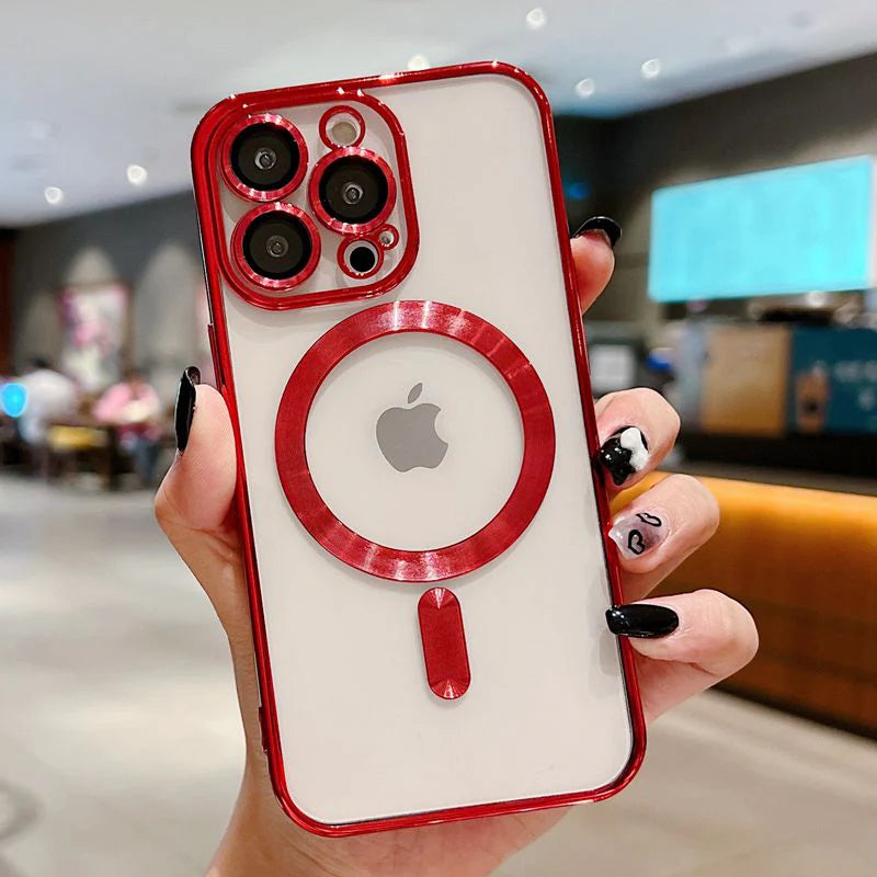 Luxury iPhone Case MagSafe Compatible Plating Clear Cover — Magnetic Wireless Charging Support, Lens Protector, Anti-Fingerprint Scratch-Resistant Design