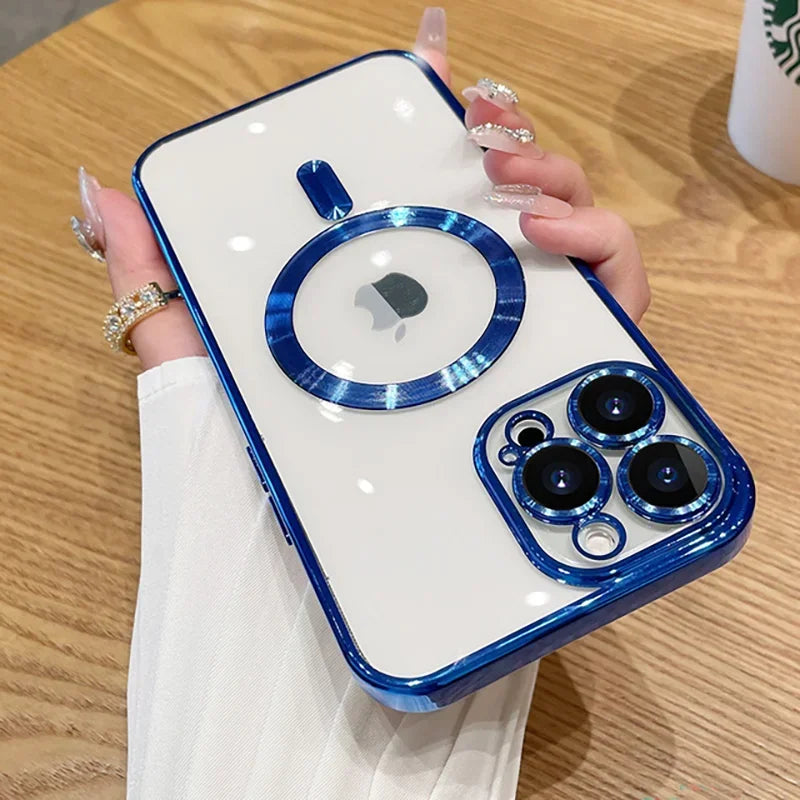 Luxury iPhone Case MagSafe Compatible Plating Clear Cover — Magnetic Wireless Charging Support, Lens Protector, Anti-Fingerprint Scratch-Resistant Design