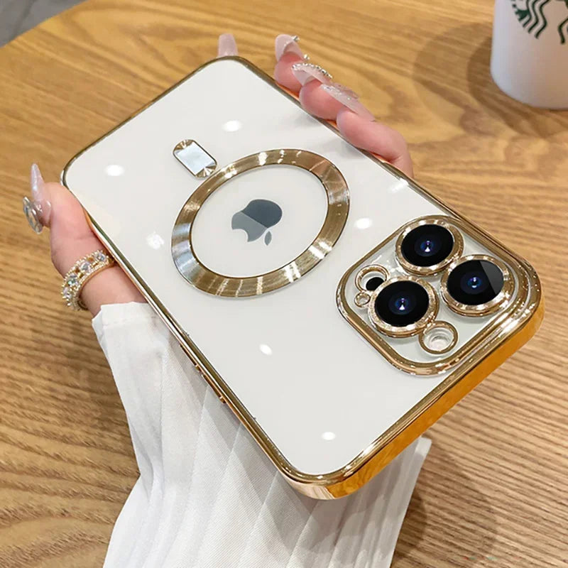 Luxury iPhone Case MagSafe Compatible Plating Clear Cover — Magnetic Wireless Charging Support, Lens Protector, Anti-Fingerprint Scratch-Resistant Design