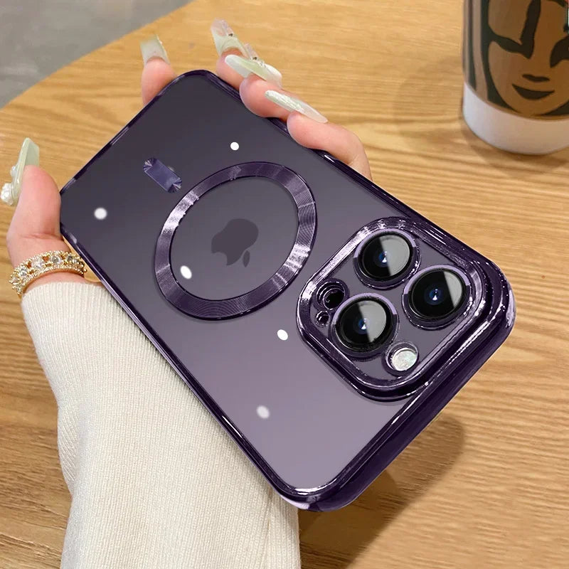 Luxury iPhone Case MagSafe Compatible Plating Clear Cover — Magnetic Wireless Charging Support, Lens Protector, Anti-Fingerprint Scratch-Resistant Design