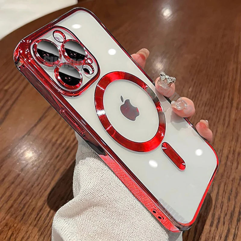 Luxury iPhone Case MagSafe Compatible Plating Clear Cover — Magnetic Wireless Charging Support, Lens Protector, Anti-Fingerprint Scratch-Resistant Design