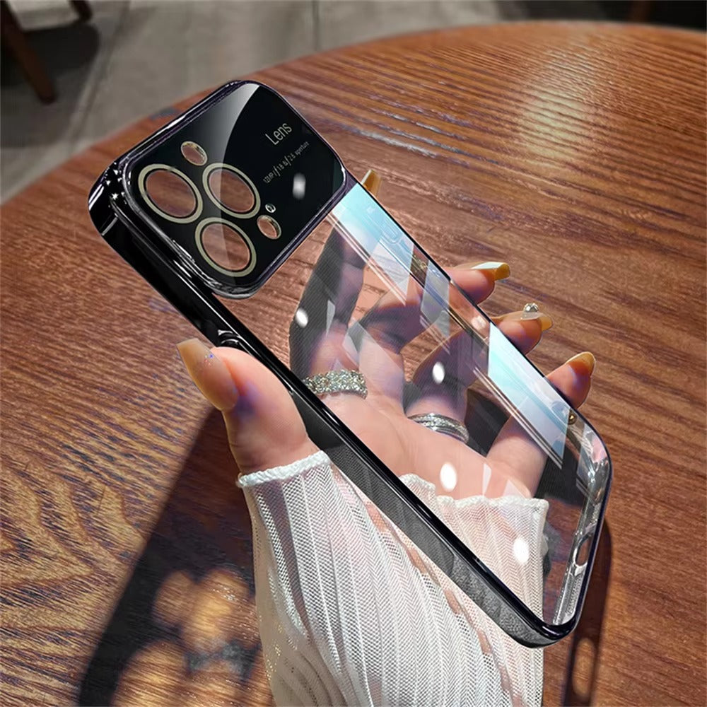 Luxury iPhone Case Tempered Glass Camera Protection — Transparent Acrylic Hard Cover, Plated Edges, Slim Shockproof Design, Scratch-Resistant Clear Finish
