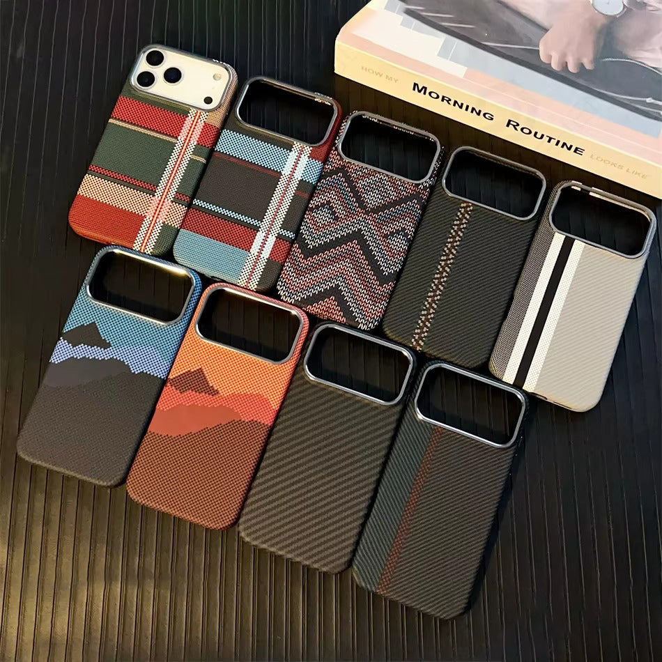 Luxury iPhone Case — 1500D Kevlar Carbon Fiber MagSafe Cover with Metal Lens Ring, Shockproof Anti-Fingerprint Anti-Scratch Textured Design