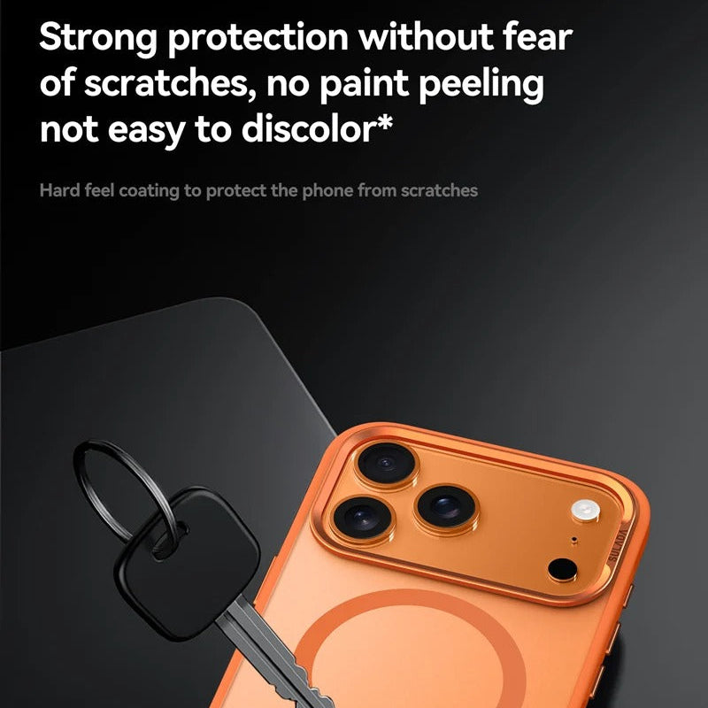 Luxury iPhone Case — Alloy Lens Frame Matte MagSafe Cover with Translucent Hybrid Design, Magnetic Shockproof PC+TPU Hard Half-Wrapped Protection