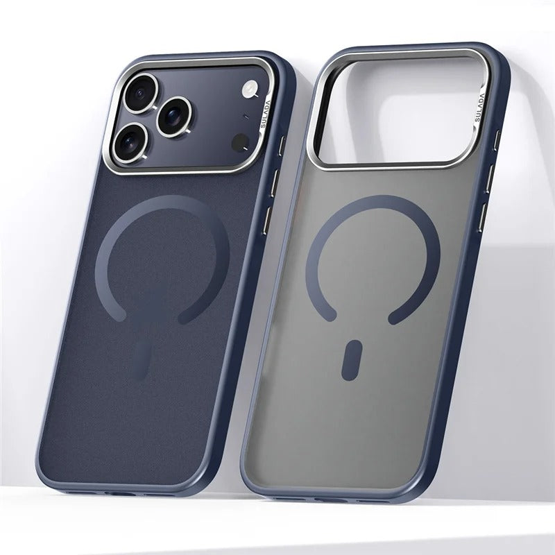 Luxury iPhone Case — Alloy Lens Frame Matte MagSafe Cover with Translucent Hybrid Design, Magnetic Shockproof PC+TPU Hard Half-Wrapped Protection