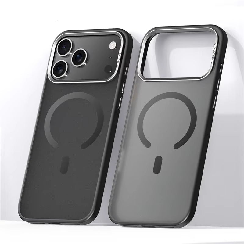 Luxury iPhone Case — Alloy Lens Frame Matte MagSafe Cover with Translucent Hybrid Design, Magnetic Shockproof PC+TPU Hard Half-Wrapped Protection