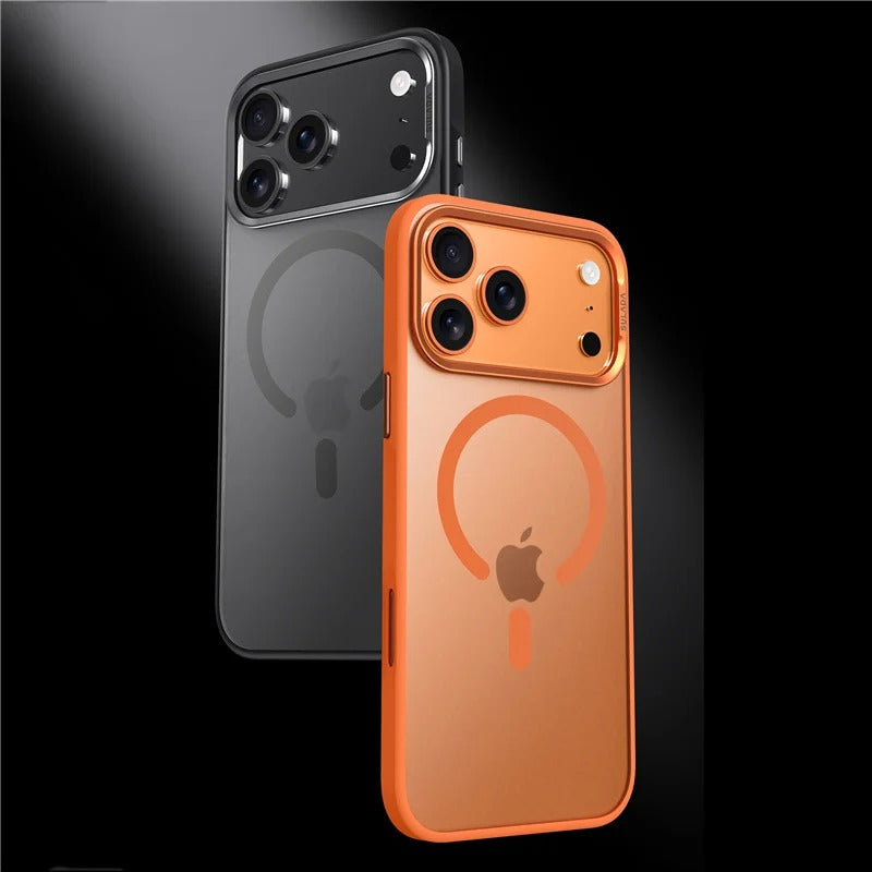 Luxury iPhone Case — Alloy Lens Frame Matte MagSafe Cover with Translucent Hybrid Design, Magnetic Shockproof PC+TPU Hard Half-Wrapped Protection