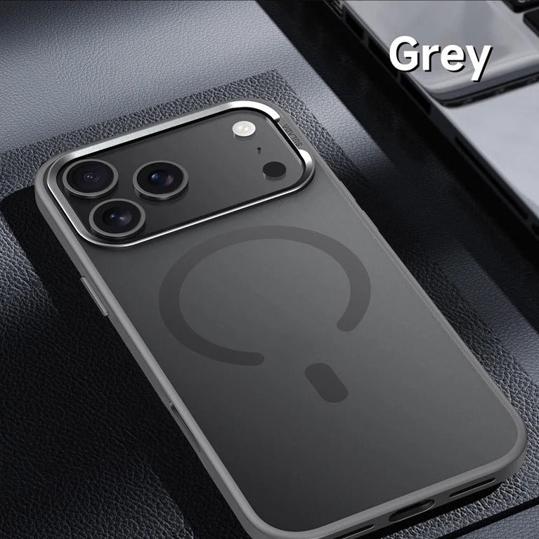 Luxury iPhone Case — Alloy Lens Frame Matte MagSafe Cover with Translucent Hybrid Design, Magnetic Shockproof PC+TPU Hard Half-Wrapped Protection