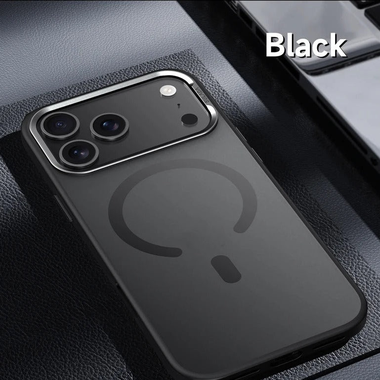 Luxury iPhone Case — Alloy Lens Frame Matte MagSafe Cover with Translucent Hybrid Design, Magnetic Shockproof PC+TPU Hard Half-Wrapped Protection