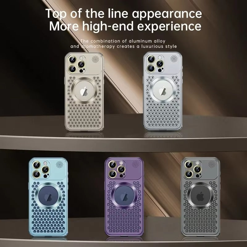 Luxury iPhone Case — Aluminum Alloy MagSafe Heat-Dissipation Cover with Removable Aromatherapy, Lens Film Protection, Anti-Fingerprint Waterproof Shockproof Design