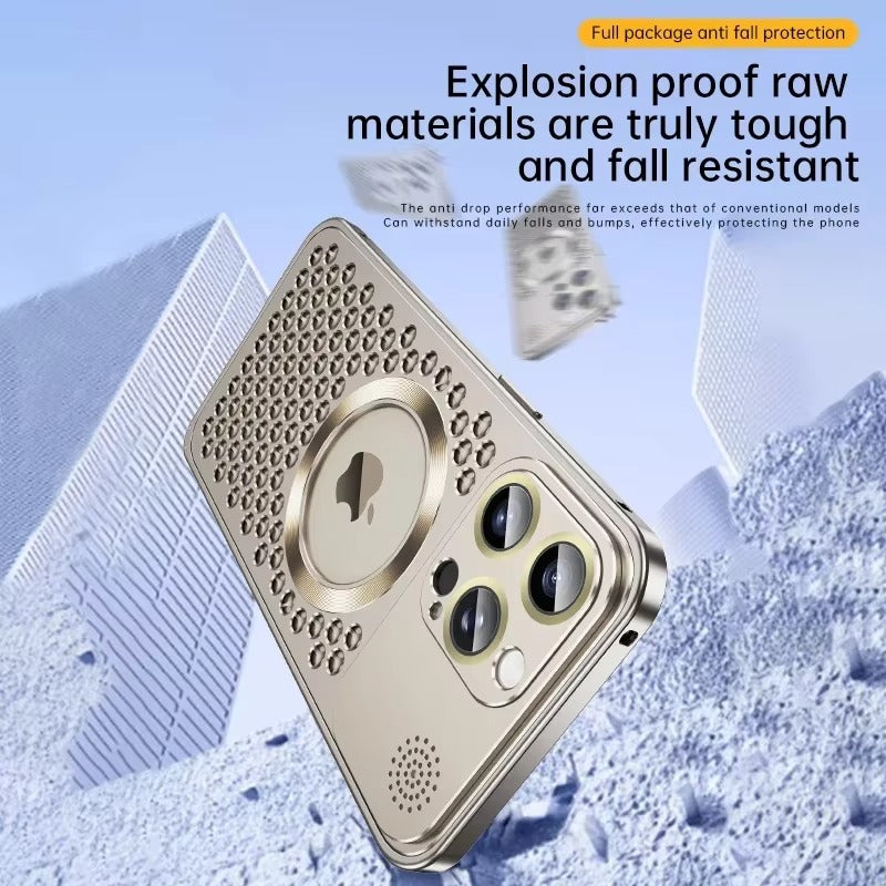 Luxury iPhone Case — Aluminum Alloy MagSafe Heat-Dissipation Cover with Removable Aromatherapy, Lens Film Protection, Anti-Fingerprint Waterproof Shockproof Design