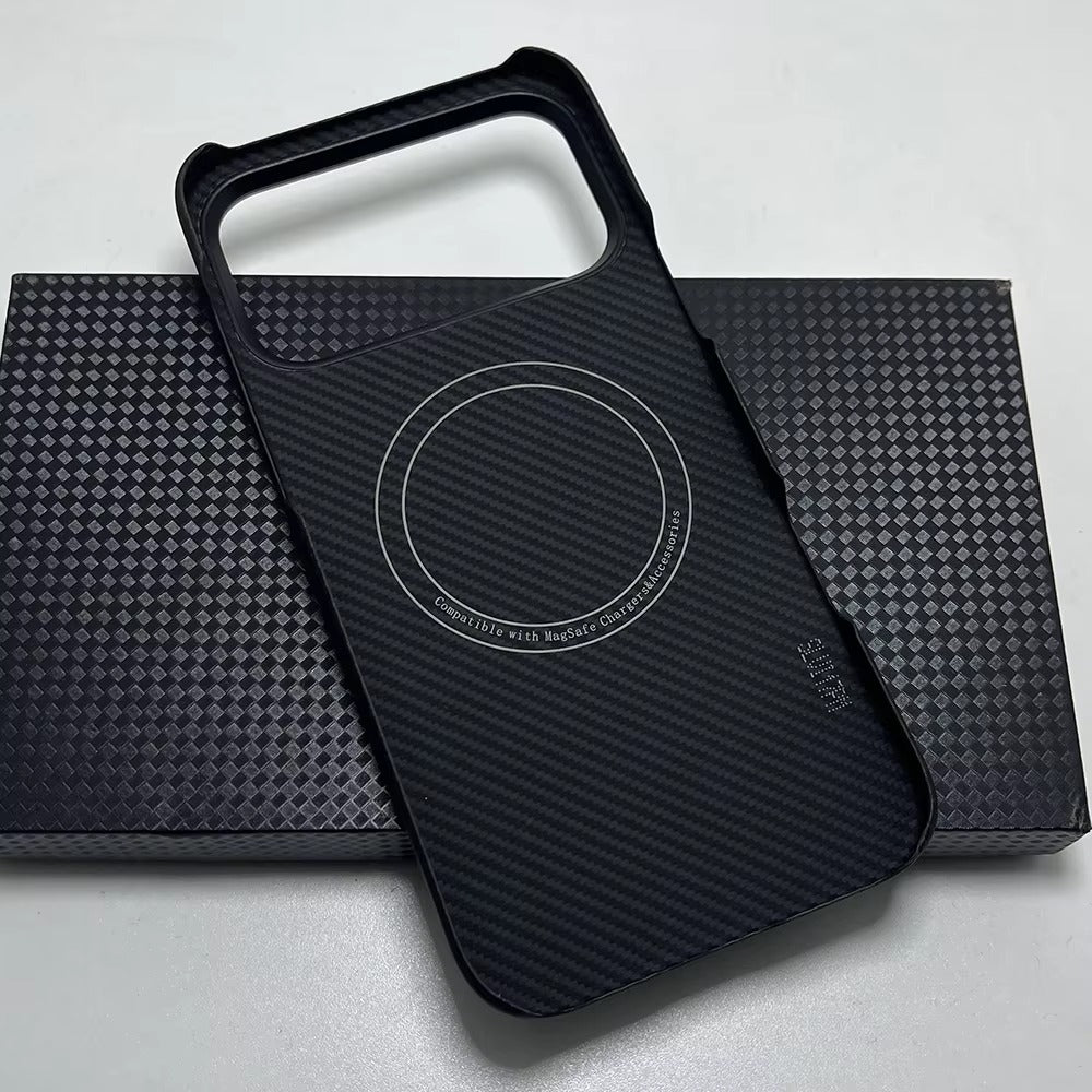 Luxury iPhone Case — Aramid Carbon Fiber MagSafe Cover with Ultra-Lightweight Half-Wrapped Protection and Durable Scratch-Resistant Texture