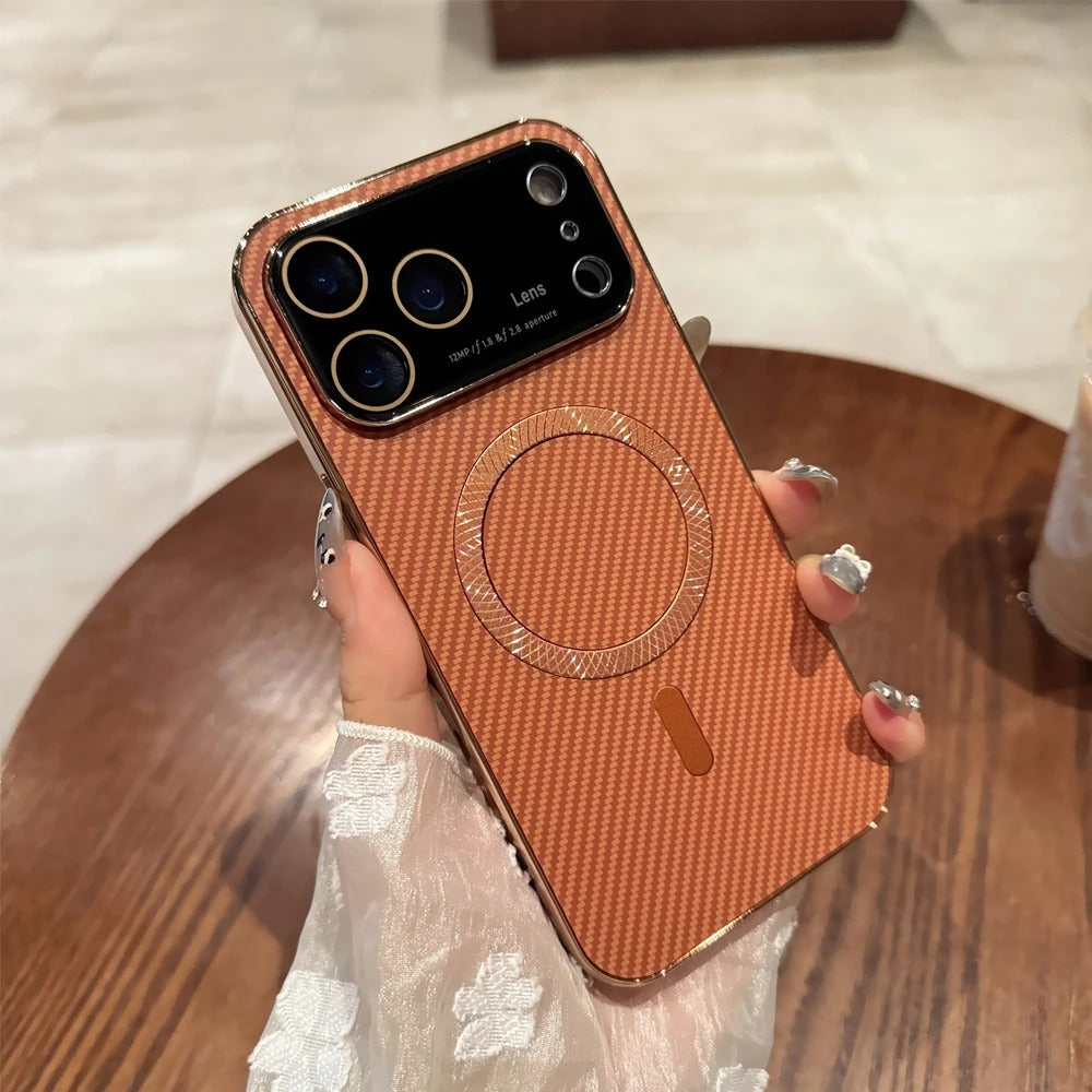 Luxury iPhone Case — Carbon-Fiber Pattern MagSafe Wireless-Charging Cover with Shockproof Plating Design and Slim TPU Protection