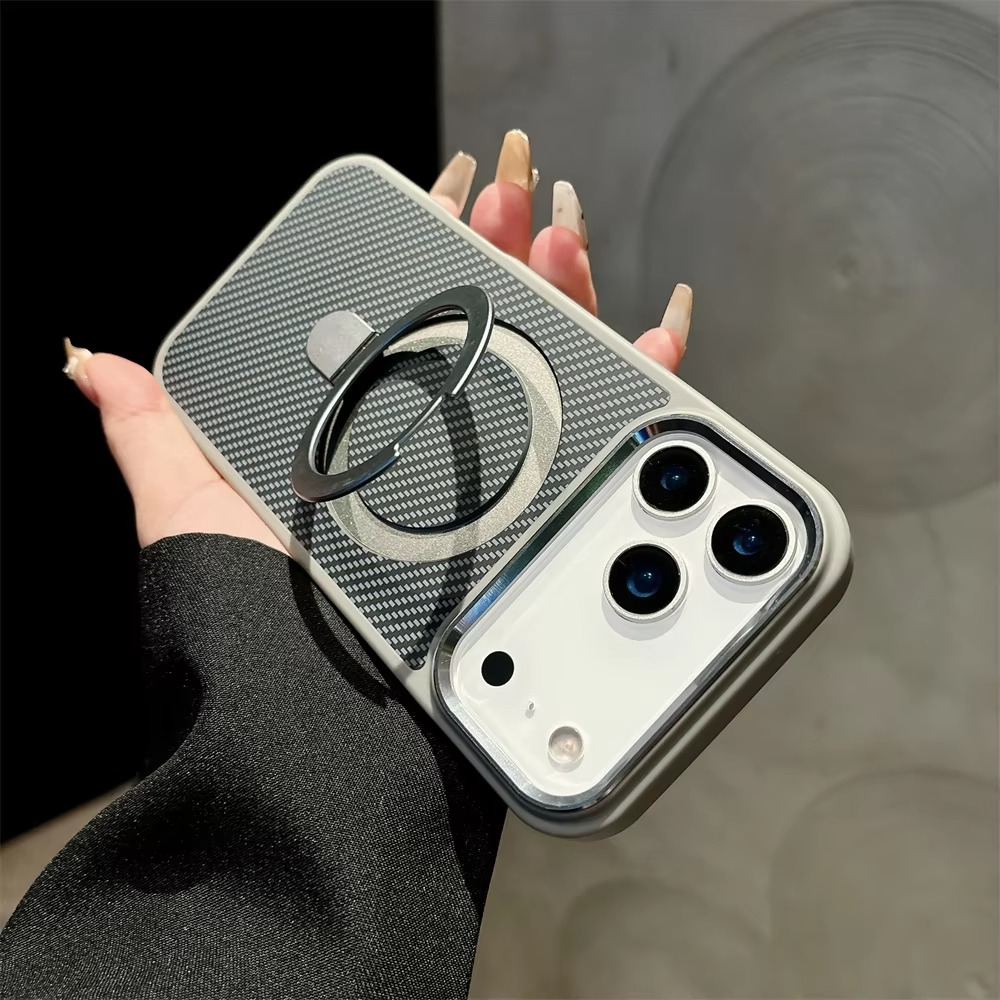 Luxury iPhone Case — Carbon Fiber Texture Magnetic Stand Holder Cover with Shockproof Half-Wrapped PC Design, Anti-Fingerprint and Screen Protection