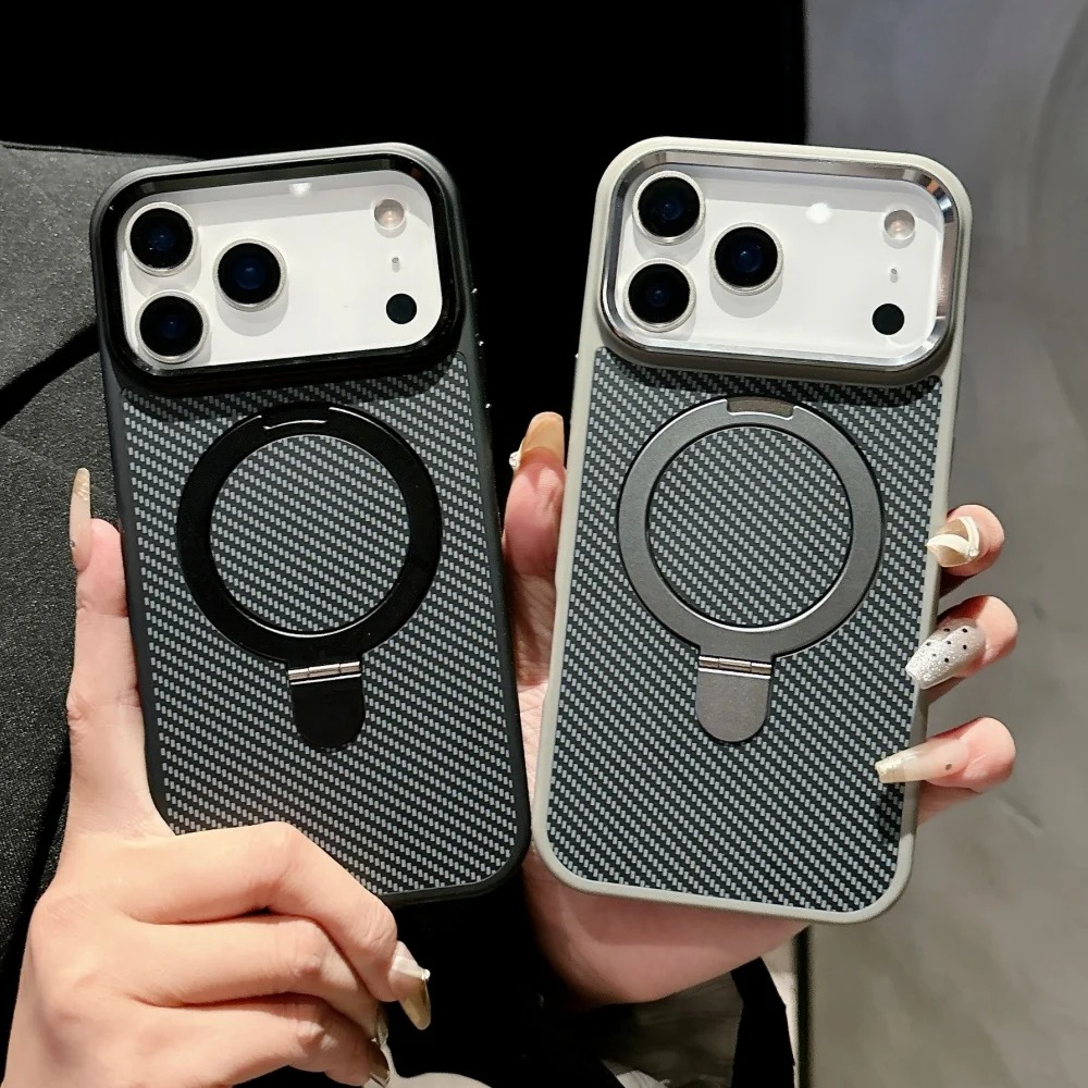 Luxury iPhone Case — Carbon Fiber Texture Magnetic Stand Holder Cover with Shockproof Half-Wrapped PC Design, Anti-Fingerprint and Screen Protection