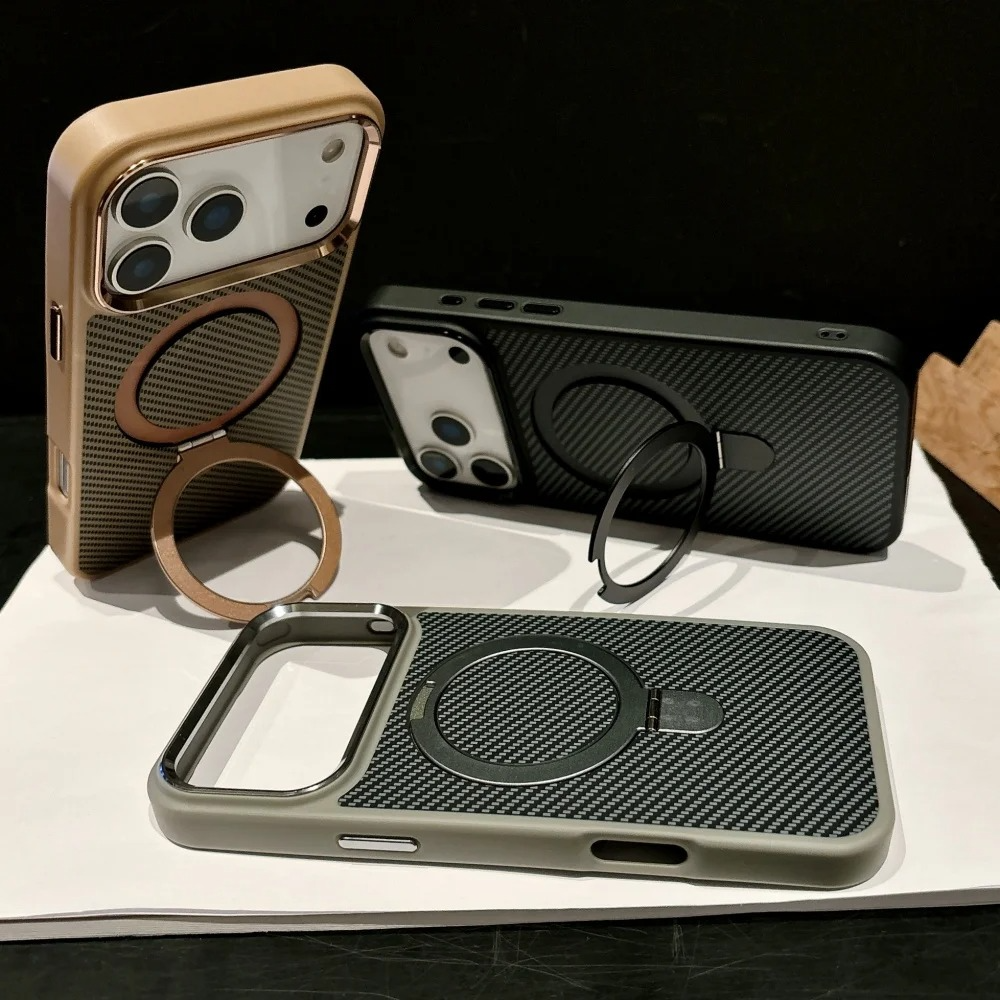 Luxury iPhone Case — Carbon Fiber Texture Magnetic Stand Holder Cover with Shockproof Half-Wrapped PC Design, Anti-Fingerprint and Screen Protection