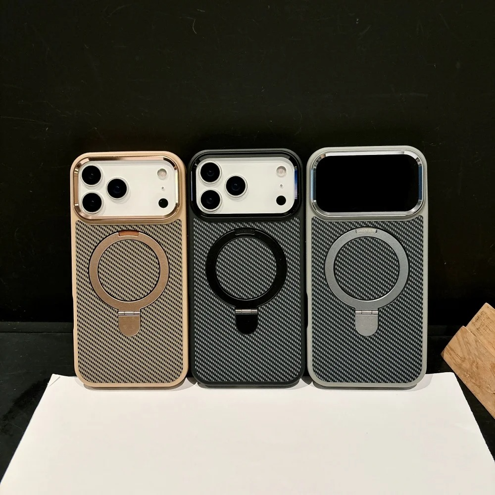 Luxury iPhone Case — Carbon Fiber Texture Magnetic Stand Holder Cover with Shockproof Half-Wrapped PC Design, Anti-Fingerprint and Screen Protection