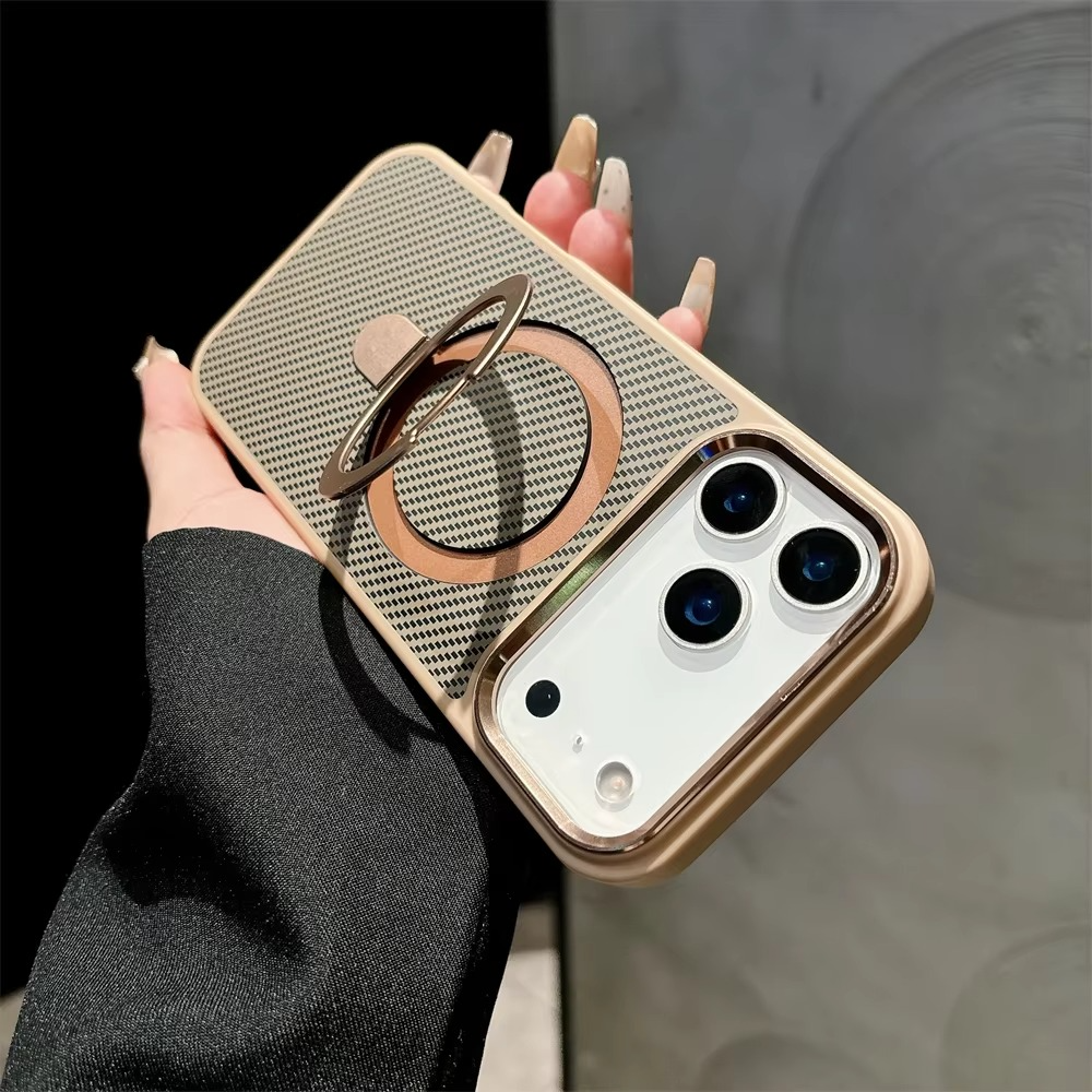 Luxury iPhone Case — Carbon Fiber Texture Magnetic Stand Holder Cover with Shockproof Half-Wrapped PC Design, Anti-Fingerprint and Screen Protection