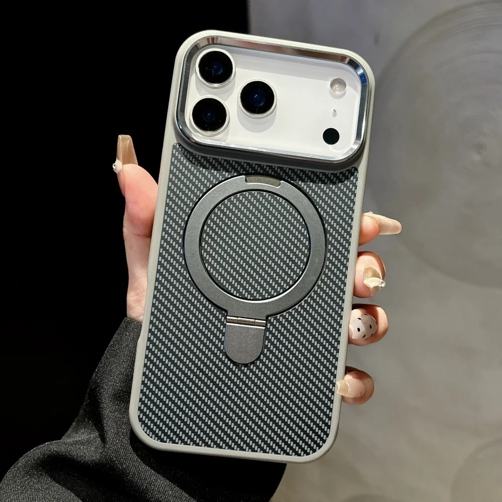 Luxury iPhone Case — Carbon Fiber Texture Magnetic Stand Holder Cover with Shockproof Half-Wrapped PC Design, Anti-Fingerprint and Screen Protection