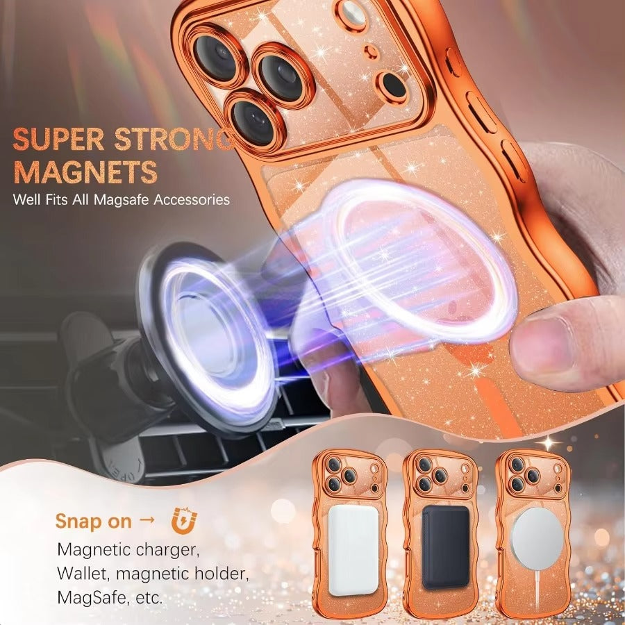 Luxury iPhone Case — Clear Glitter Magnetic Hard Cover with MagSafe Compatibility, Plated Wavy Frame Design & Cute Anti-Slip Style
