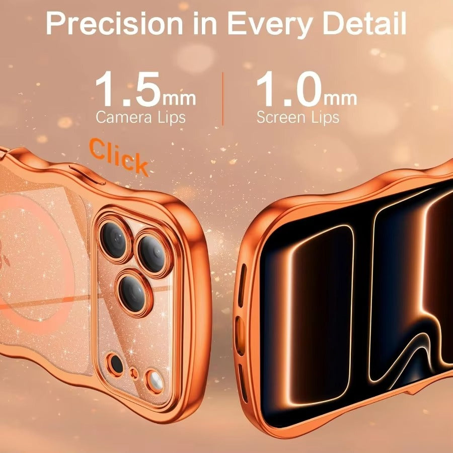 Luxury iPhone Case — Clear Glitter Magnetic Hard Cover with MagSafe Compatibility, Plated Wavy Frame Design & Cute Anti-Slip Style