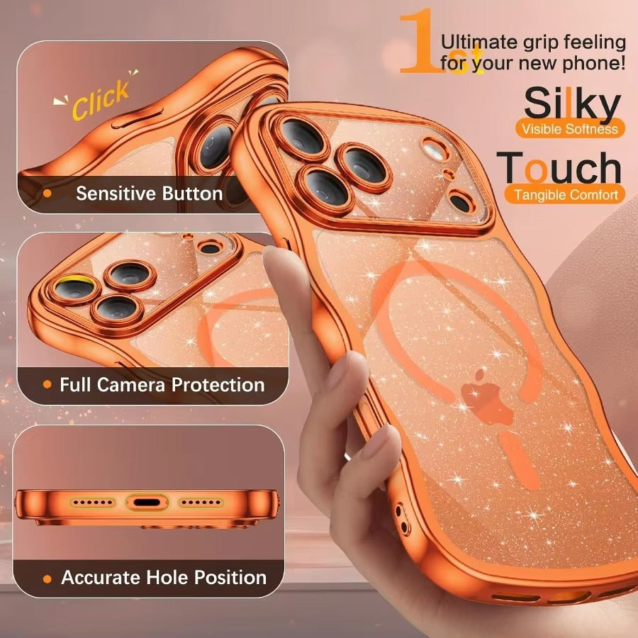 Luxury iPhone Case — Clear Glitter Magnetic Hard Cover with MagSafe Compatibility, Plated Wavy Frame Design & Cute Anti-Slip Style