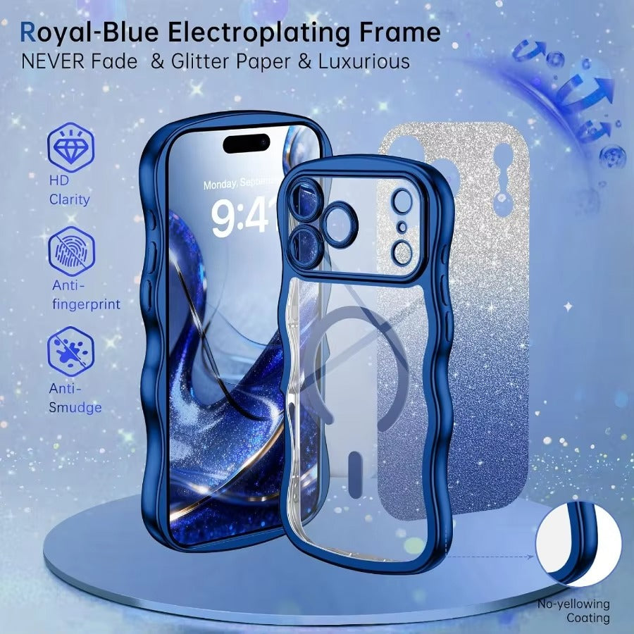 Luxury iPhone Case — Clear MagSafe-Compatible Cover with Full Camera Protection, Cute Wave Frame Design & DIY Glitter Style