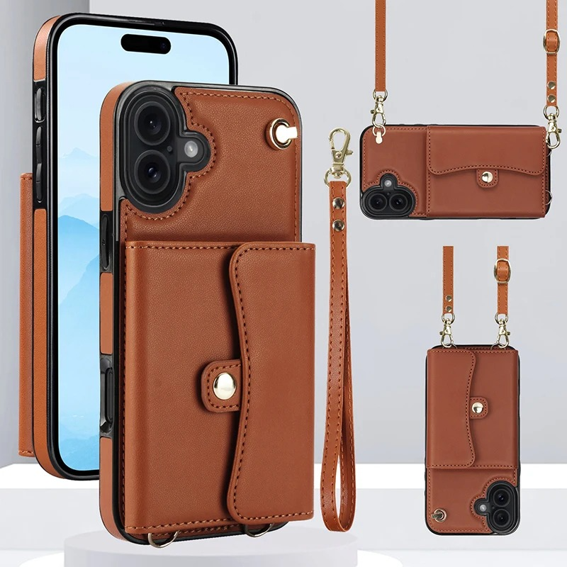 Luxury iPhone Case — Crossbody Leather Wallet Cover with Wrist & Shoulder Strap, Card & Coin Storage, Non-Slip Shockproof Design