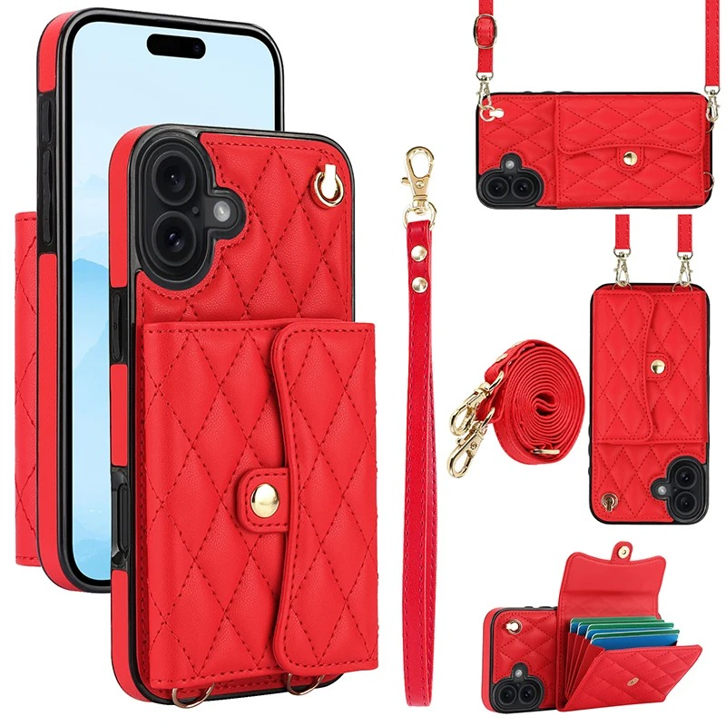 Luxury iPhone Case — Crossbody Leather Wallet Cover with Wrist & Shoulder Strap, Card & Coin Storage, Non-Slip Shockproof Design
