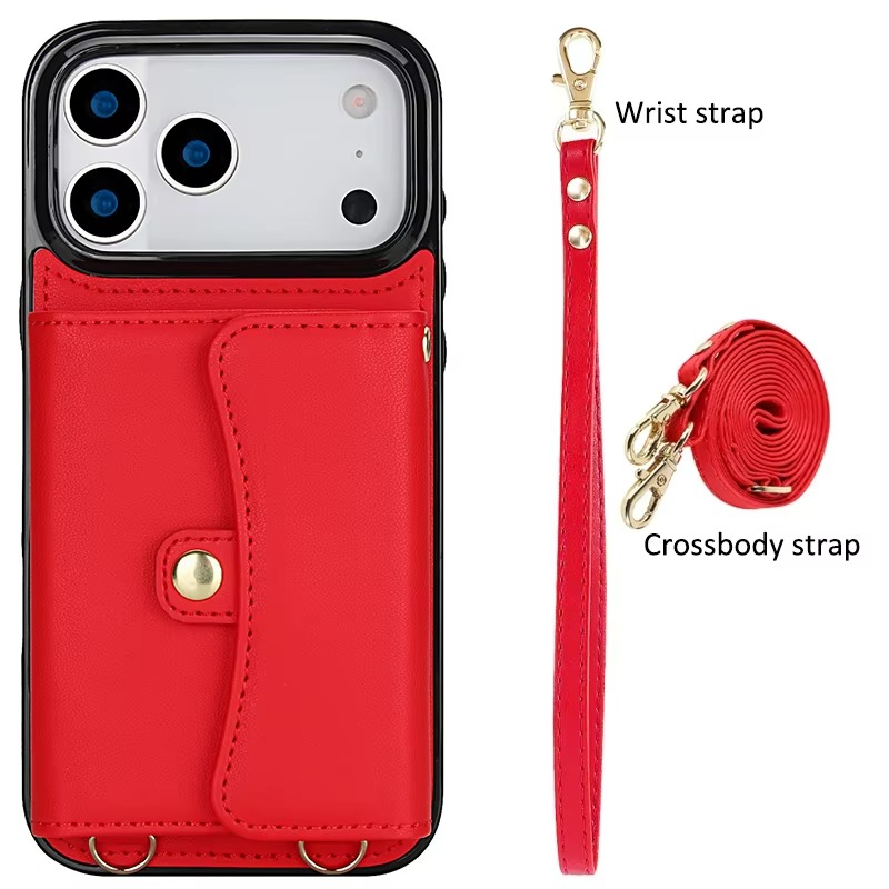 Luxury iPhone Case — Crossbody Leather Wallet Cover with Wrist & Shoulder Strap, Card & Coin Storage, Non-Slip Shockproof Design