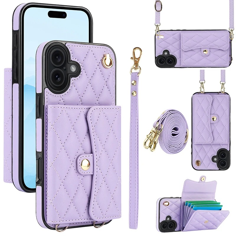 Luxury iPhone Case — Crossbody Leather Wallet Cover with Wrist & Shoulder Strap, Card & Coin Storage, Non-Slip Shockproof Design