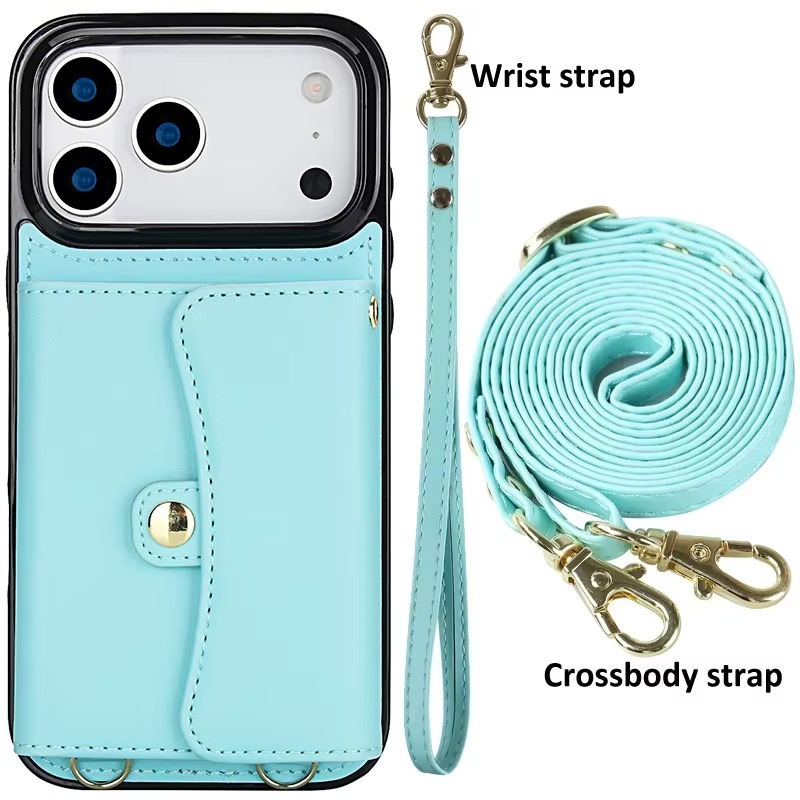 Luxury iPhone Case — Crossbody Leather Wallet Cover with Wrist & Shoulder Strap, Card & Coin Storage, Non-Slip Shockproof Design