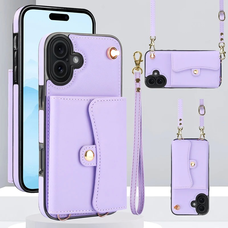 Luxury iPhone Case — Crossbody Leather Wallet Cover with Wrist & Shoulder Strap, Card & Coin Storage, Non-Slip Shockproof Design