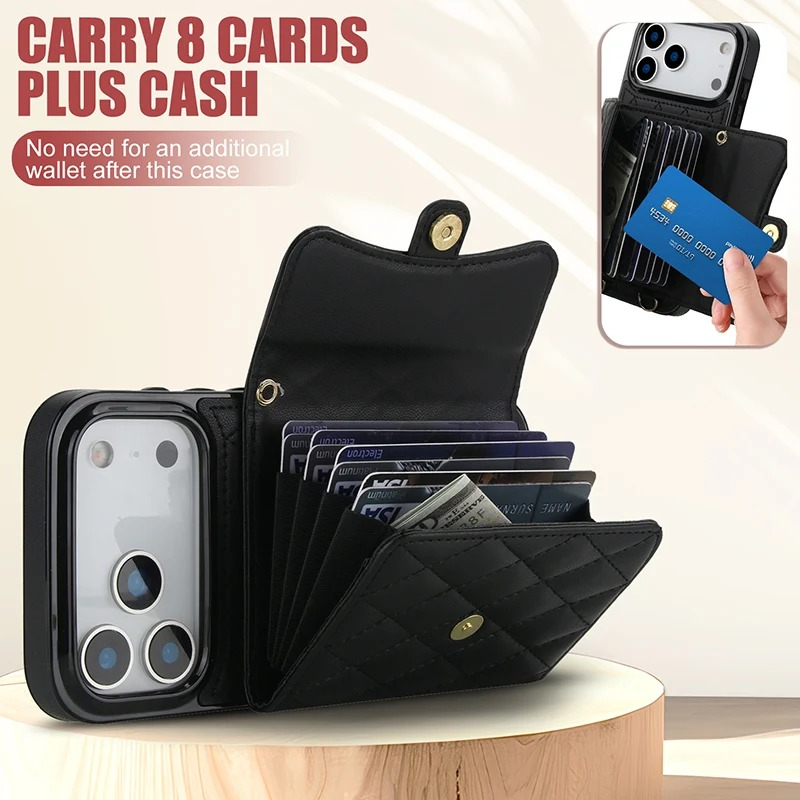 Luxury iPhone Case — Crossbody Leather Wallet Cover with Wrist & Shoulder Strap, Card & Coin Storage, Non-Slip Shockproof Design