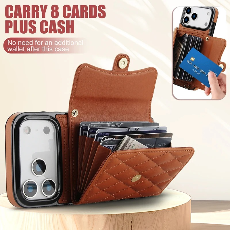 Luxury iPhone Case — Crossbody Leather Wallet Cover with Wrist & Shoulder Strap, Card & Coin Storage, Non-Slip Shockproof Design