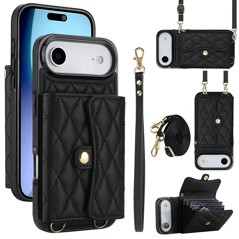 Luxury iPhone Case — Crossbody Leather Wallet Cover with Wrist & Shoulder Strap, Card & Coin Storage, Non-Slip Shockproof Design